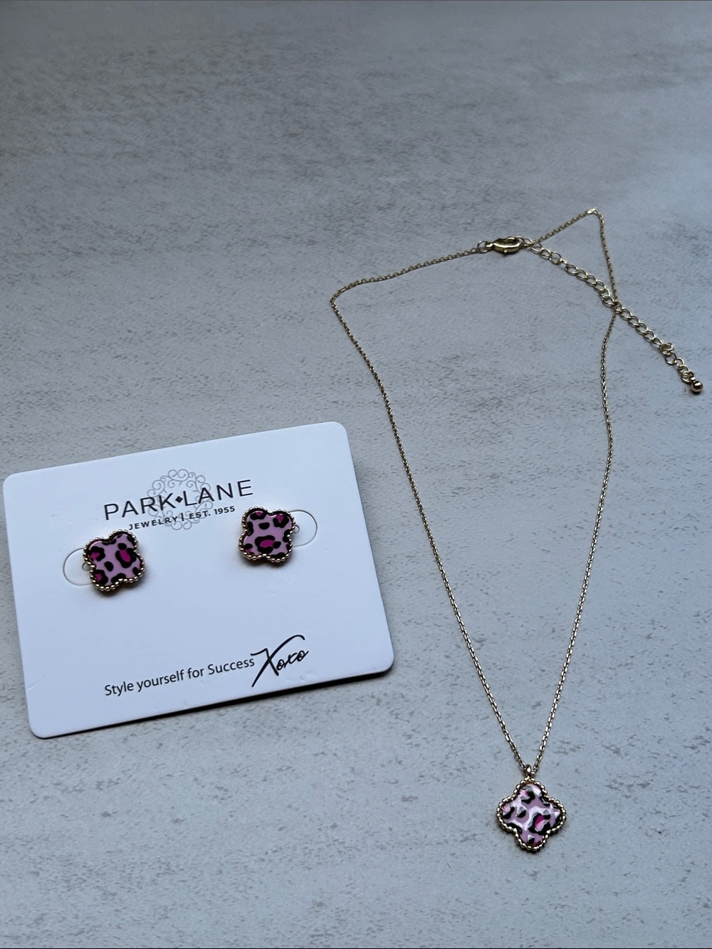 Park Lane Gold-Tone Pink Leopard Clover Necklace & Stud Earrings - Picture 6 of 7